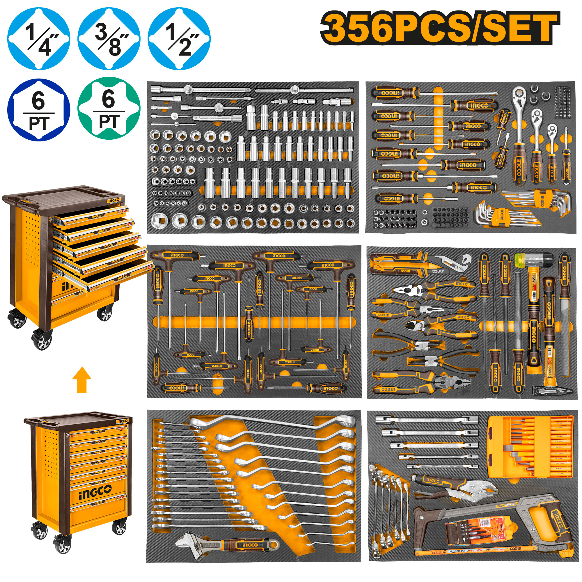 Thùng đồ nghề 356 chi tiết INGCO HTCS273561 có bánh xe 7 ngăn cao cấp 2 HTCS273561