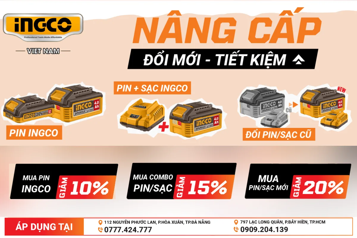 Ingco Thu pin cũ, đổi pin mới cho pin và sạc