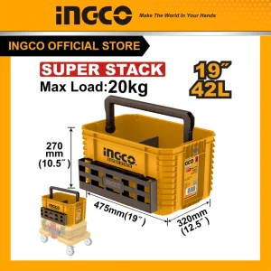 Thùng đựng dụng cụ kiểu hở 19 inch INGCO PBXS104, Nhựa PP tải trọng 20kg xếp chồng