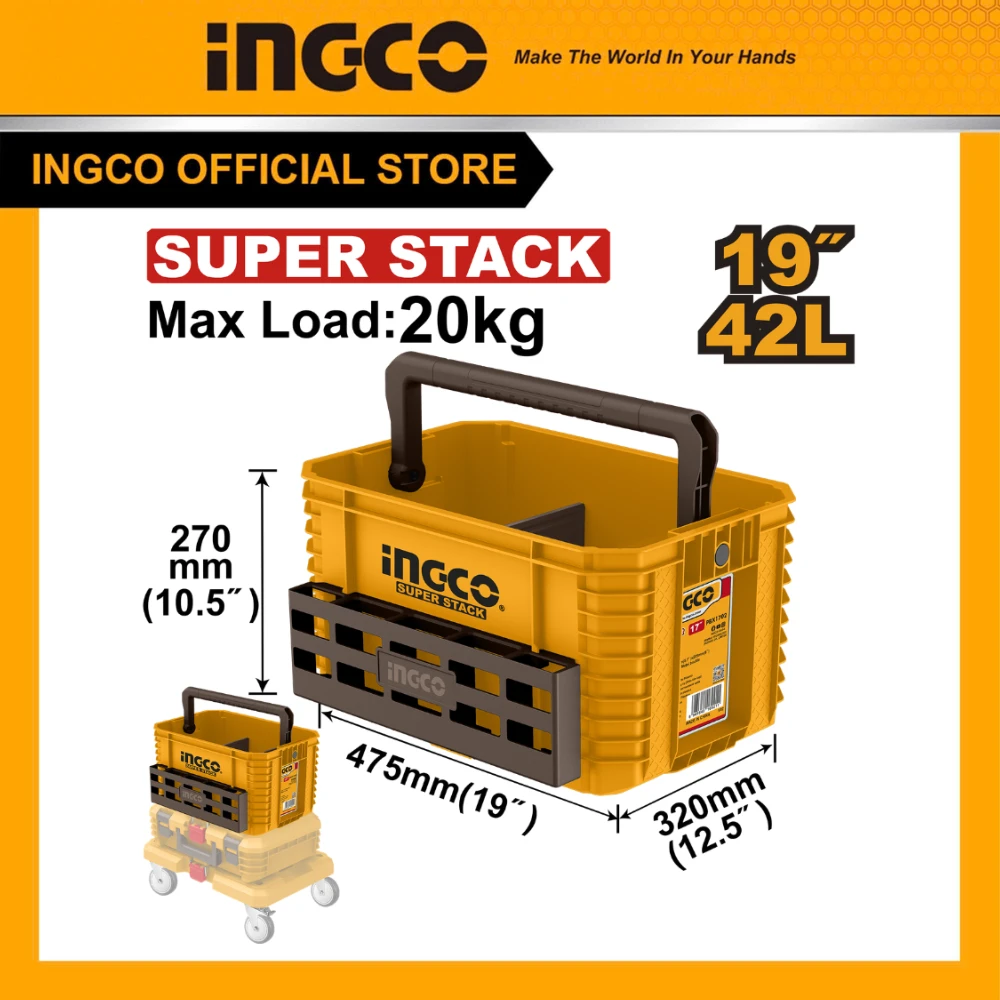 Thùng đựng dụng cụ kiểu hở 19 inch INGCO PBXS104, Nhựa PP tải trọng 20kg xếp chồng